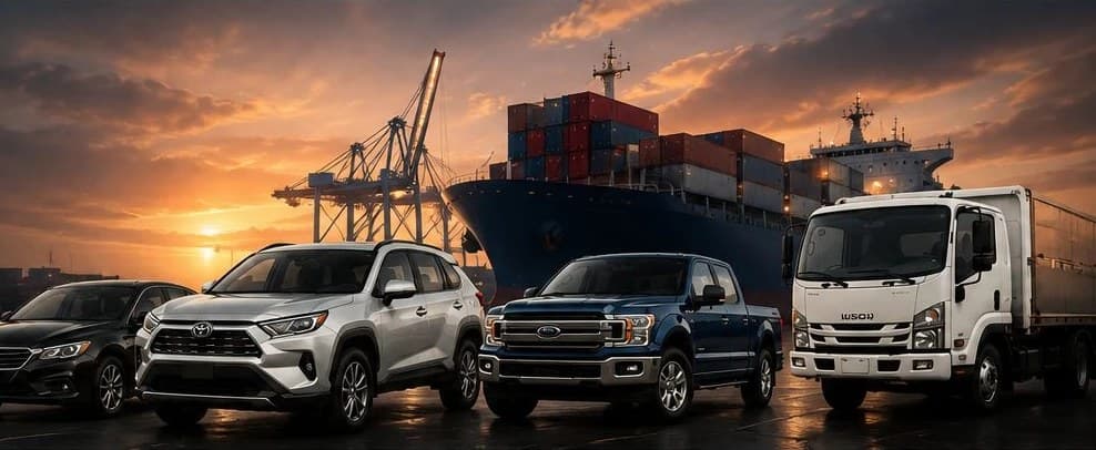 Imported vehicles in front of a container ship at the port